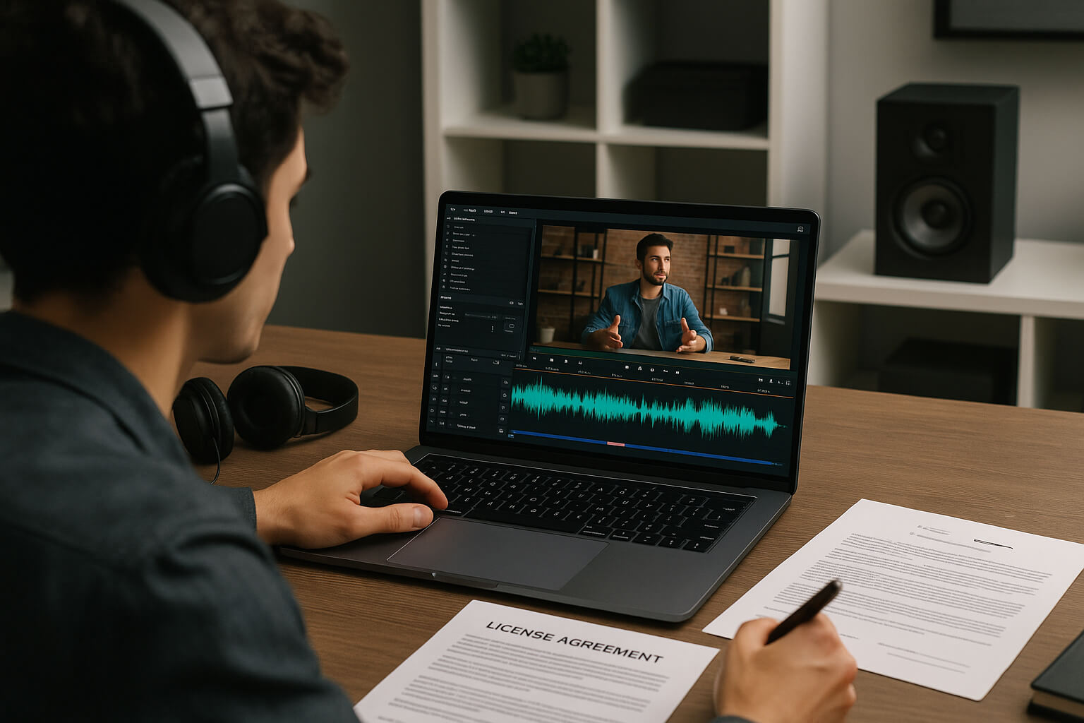 YouTube creator editing a video with licensed music and audio tools in a modern studio workspace.