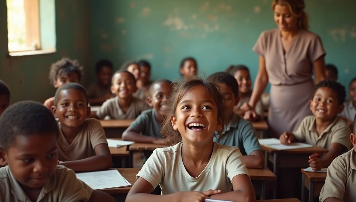 Children learning in a rural classroom, symbolizing how education creates opportunities and reduces poverty.