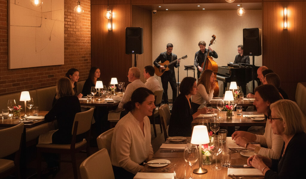 Diners enjoying a meal in a restaurant with soft background music, highlighting how music shapes the dining experience.