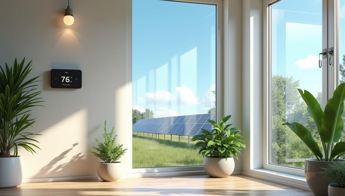 Eco-friendly home with energy-efficient lighting, smart thermostat, and solar panels reducing carbon footprint.