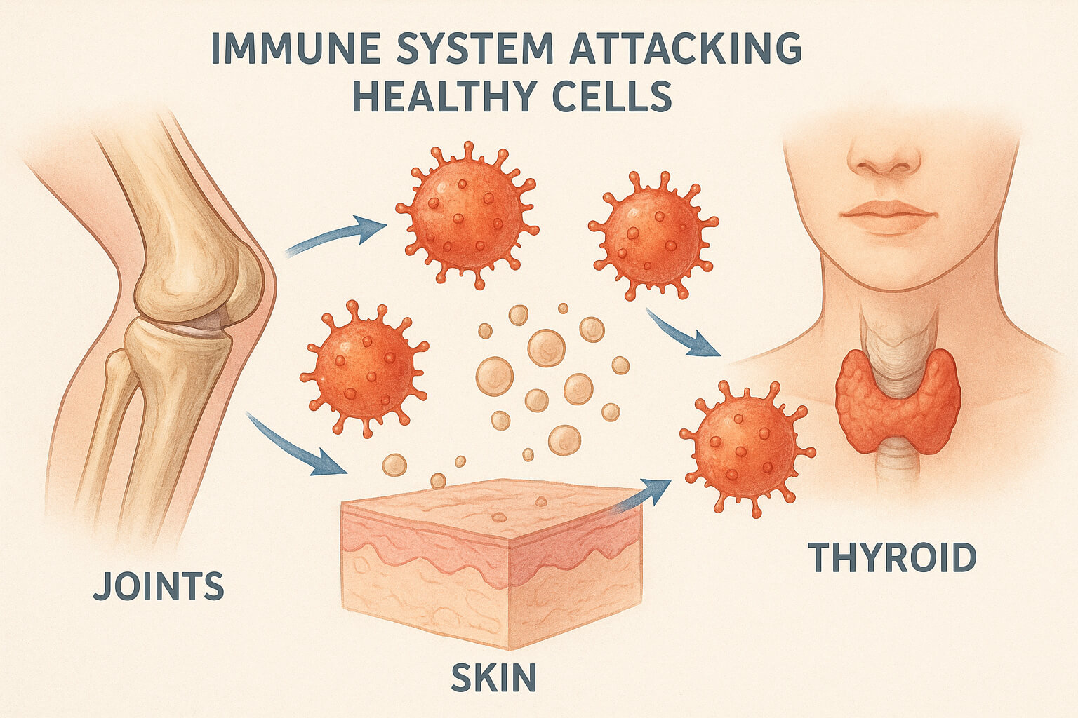 Medical illustration of the immune system mistakenly attacking healthy body cells, representing autoimmune diseases.