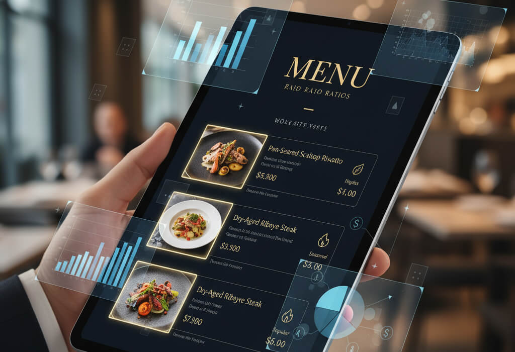 Digital restaurant menu displaying highlighted dishes with pricing strategies and analytics in a modern dining setting.