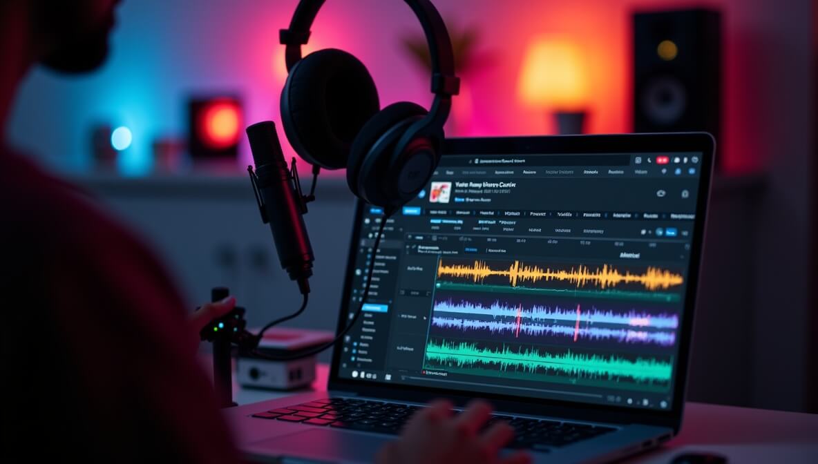 YouTube video editor selecting background music for a video using royalty-free audio resources on a laptop.
