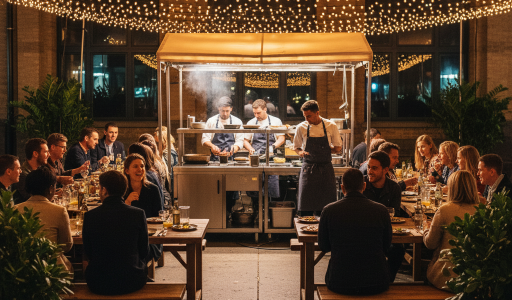 Chefs preparing food at a stylish outdoor pop-up restaurant with guests dining under string lights in a lively urban atmosphere.