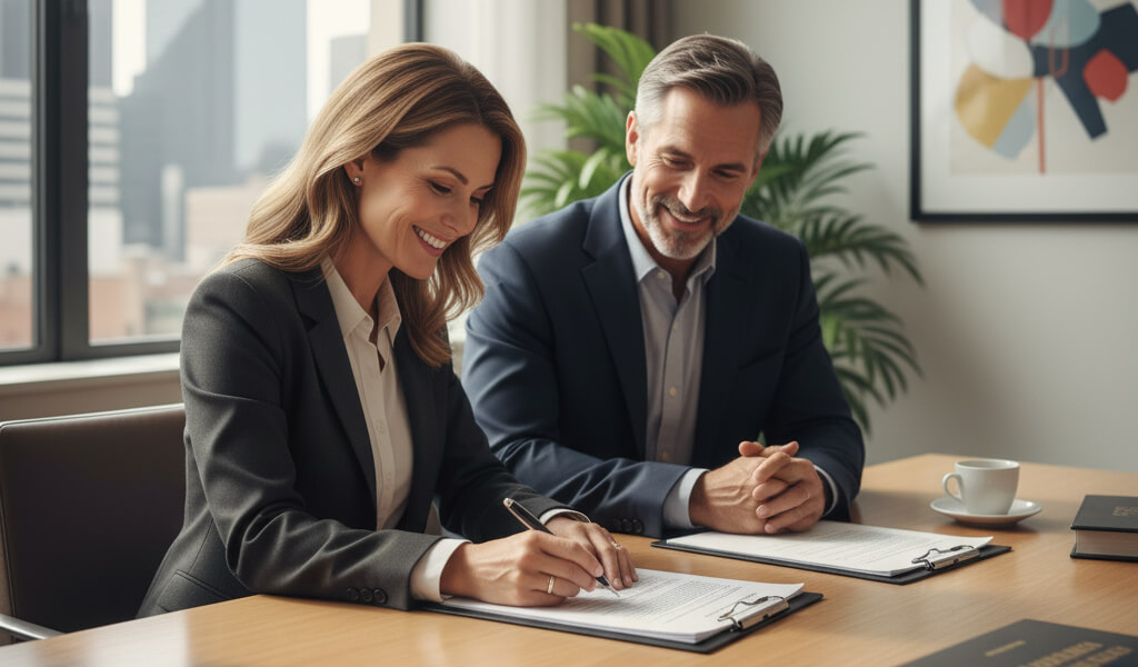 Married couple meeting with an attorney to review estate planning documents and protect spousal rights.