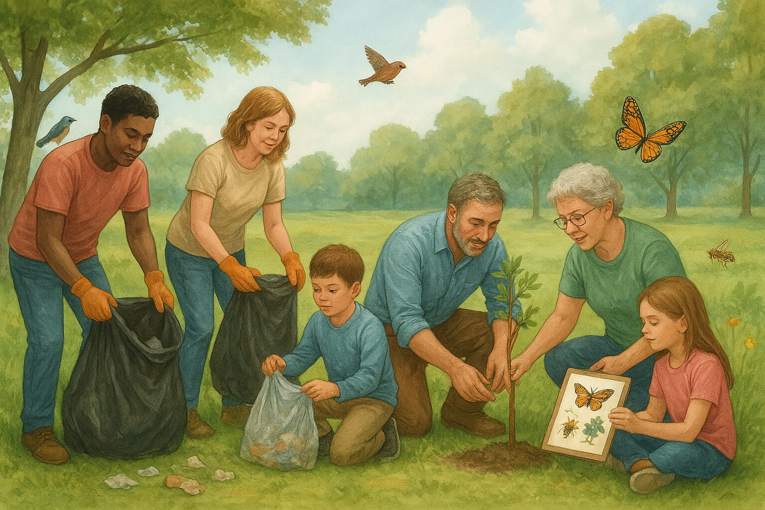 Community volunteers cleaning a park and planting native flowers to support local conservation and protect pollinators.