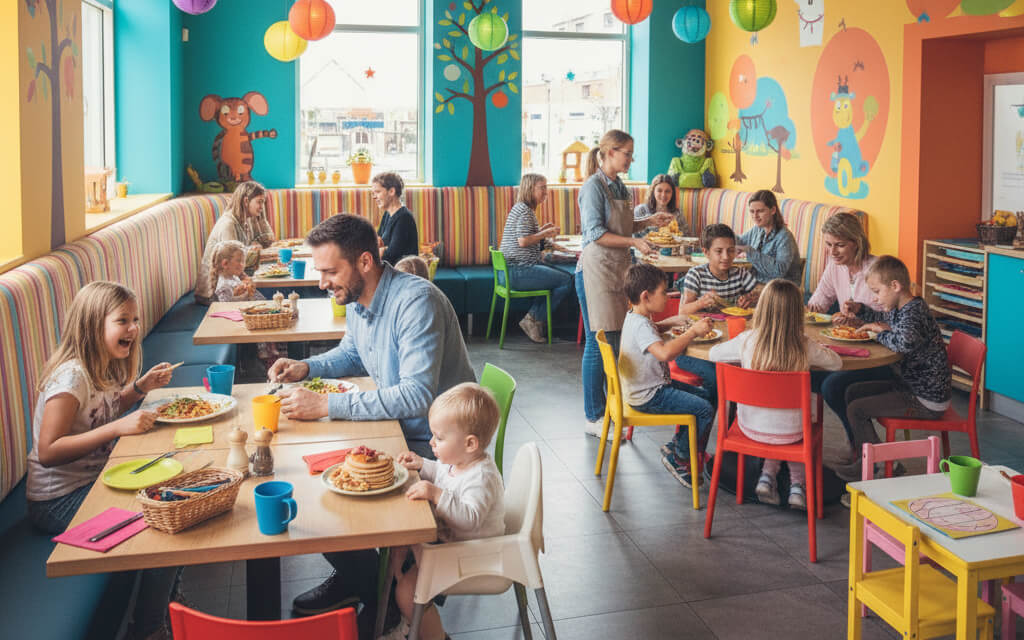 Family-friendly restaurant with colorful décor, smiling children, and a warm, welcoming atmosphere.