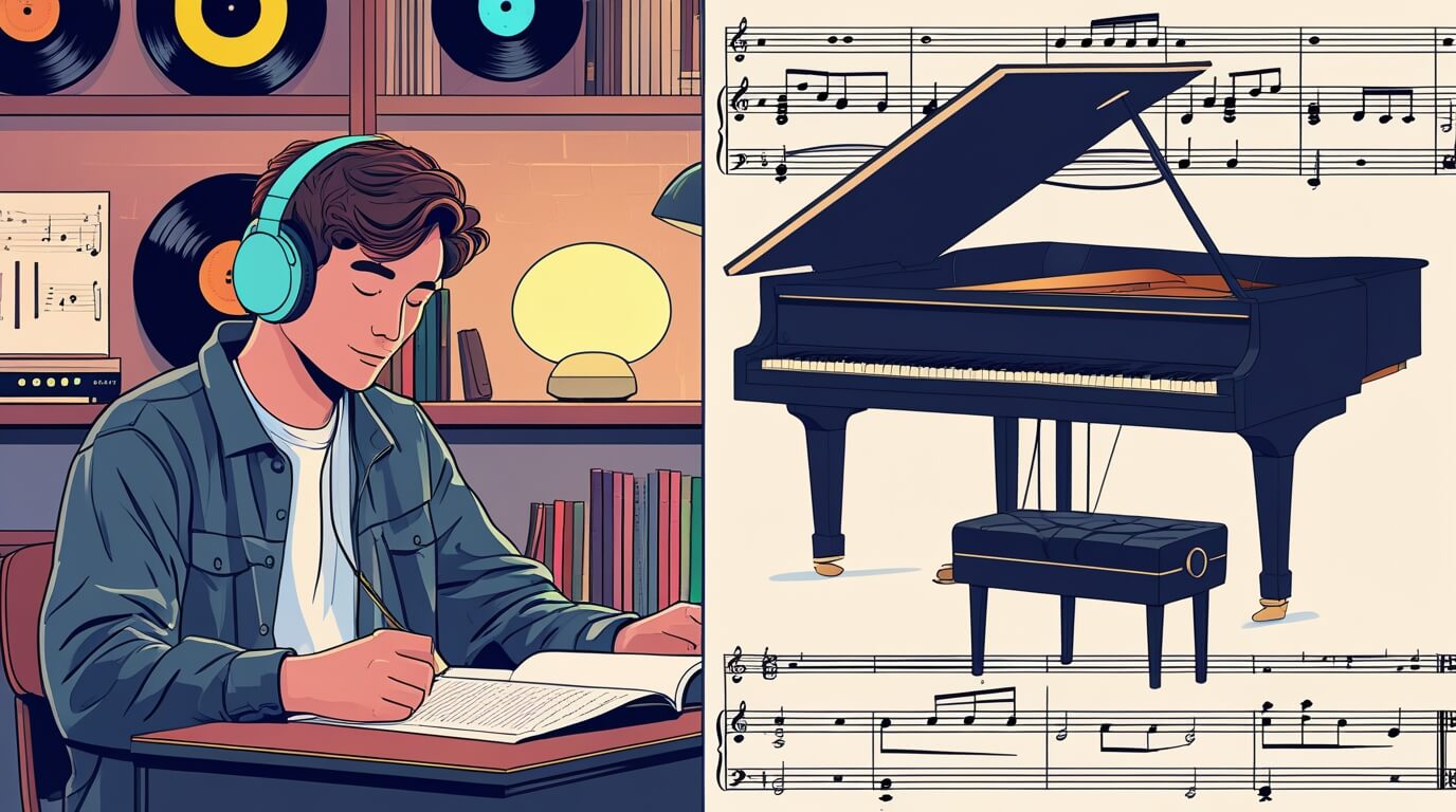 Split-screen image of a student studying with Lofi beats ambiance on one side and a classical piano setting on the other, representing music for concentration.
