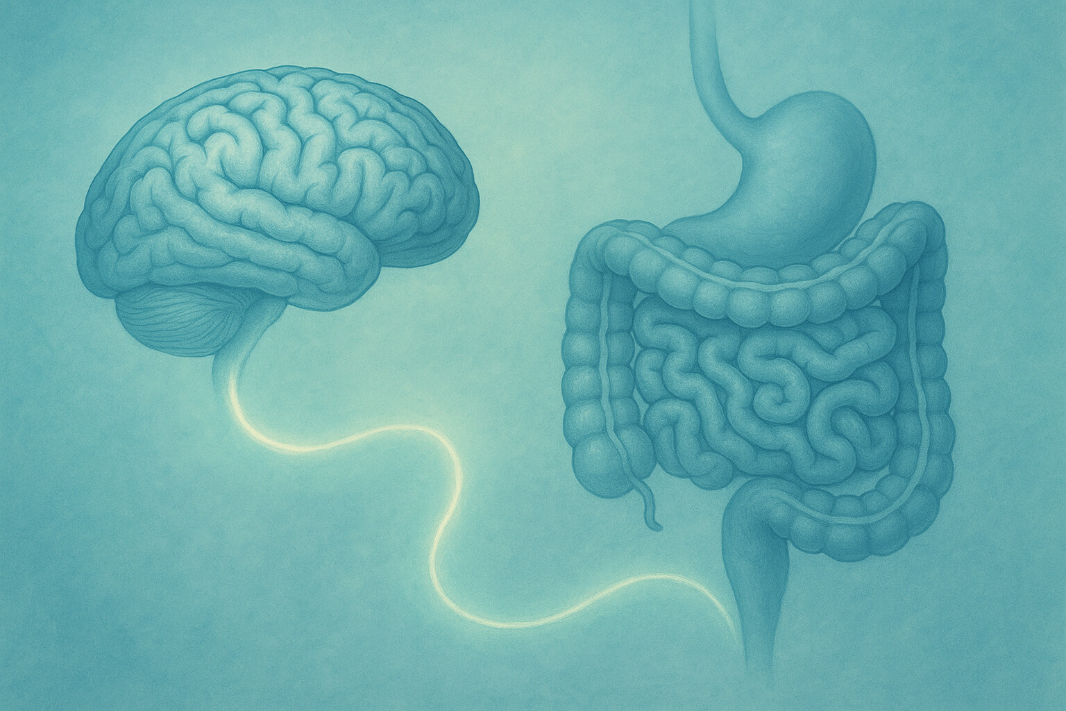 Illustration of the gut-brain connection showing communication between digestive system and brain for health and wellness.