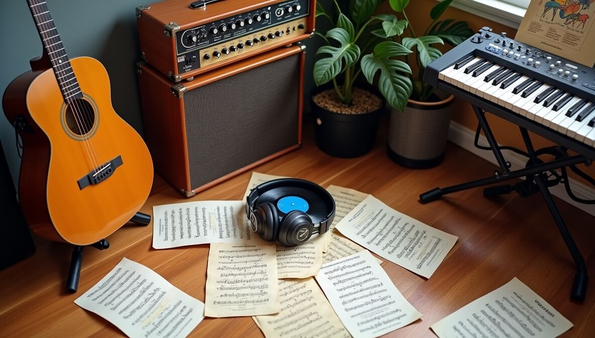 Guitar and keyboard in a cozy home setup with symbols representing different music genres.