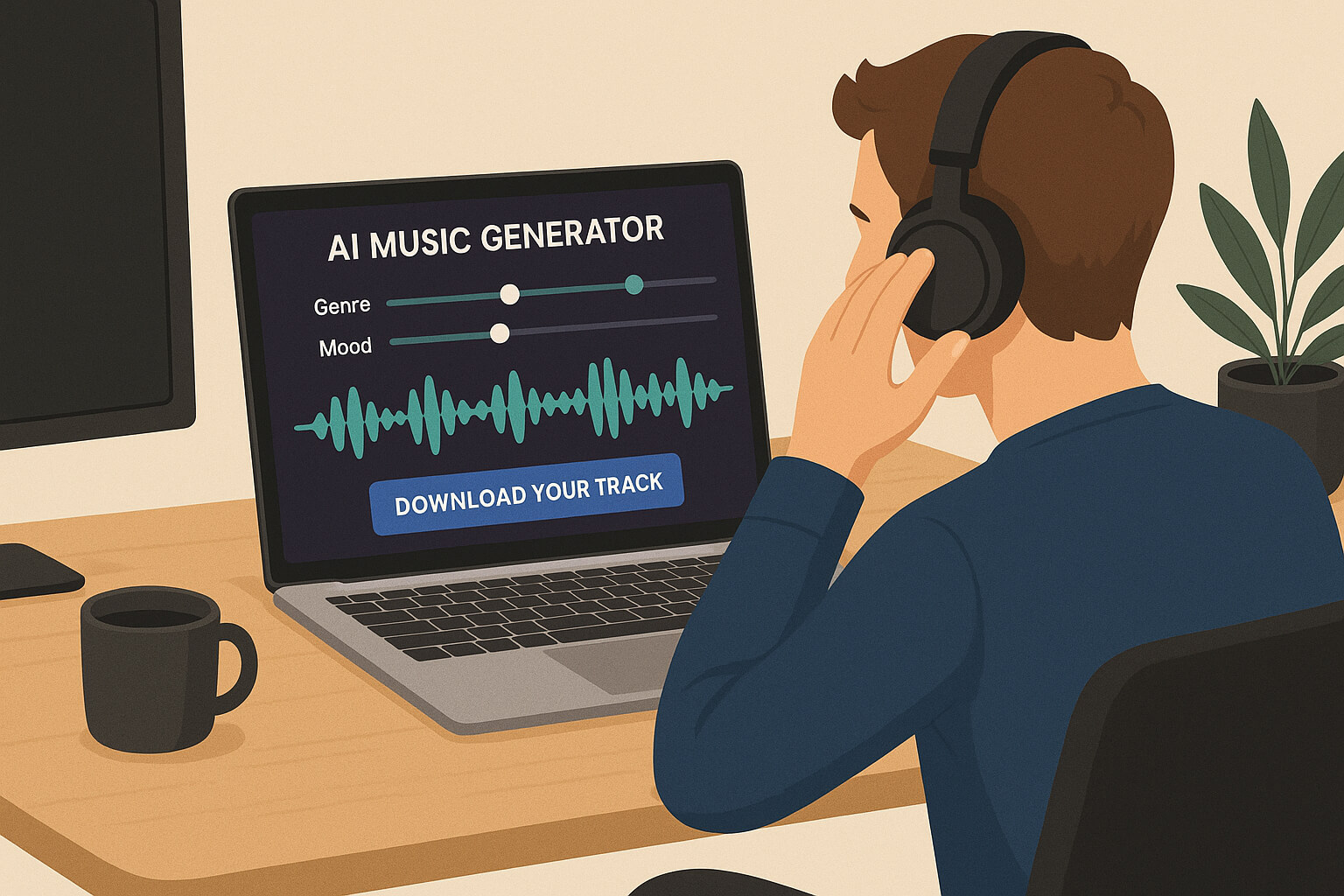 AI music generator interface with genre, mood, and tempo sliders on-screen.
