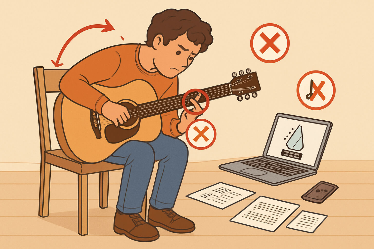 Beginner musician learning guitar with visible practice mistakes, highlighting common pitfalls in posture, hand technique, and practice approach.