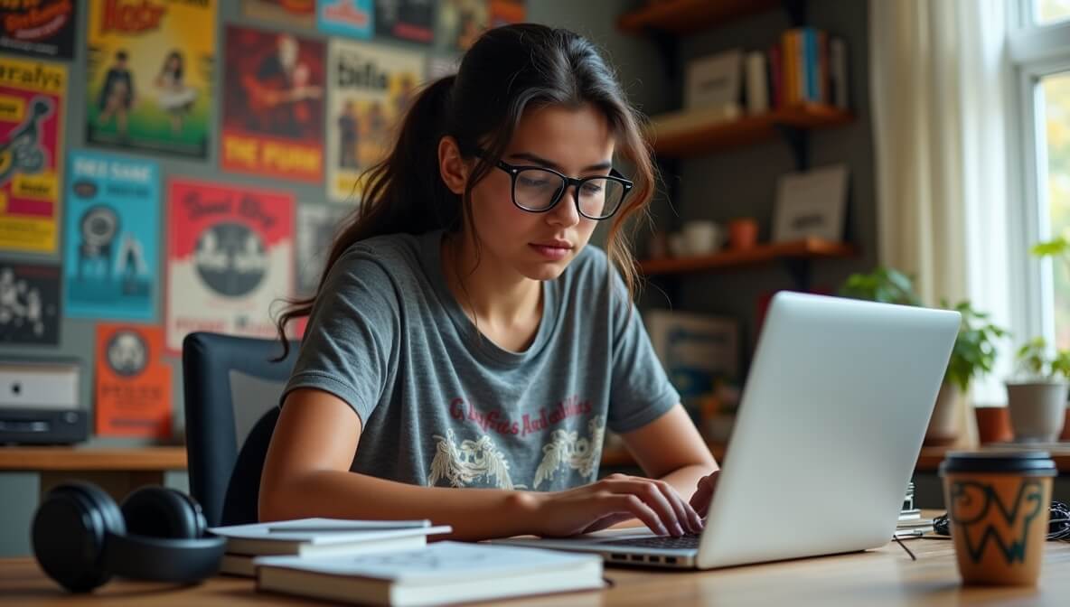 Young music journalist writing on a laptop with music posters and headphones in the background.