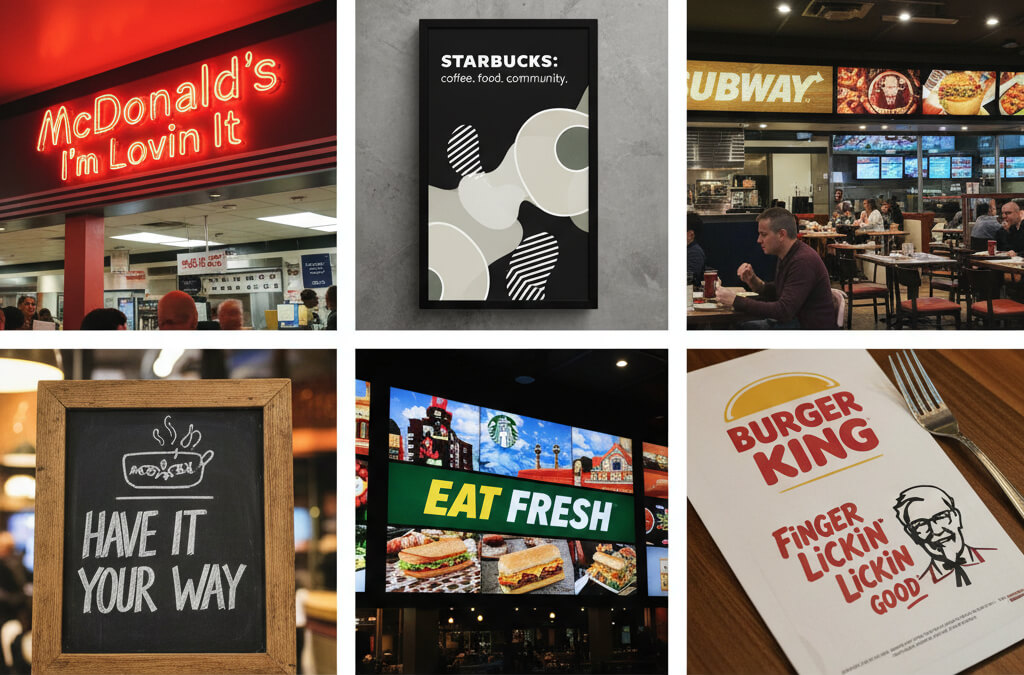 A collage of iconic restaurant slogans on signs, menus, and digital displays representing memorable branding in the dining industry.