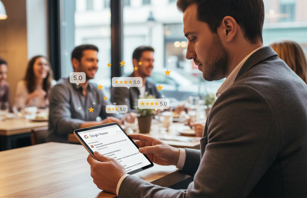 Restaurant manager checking Google Reviews on a tablet while diners enjoy meals