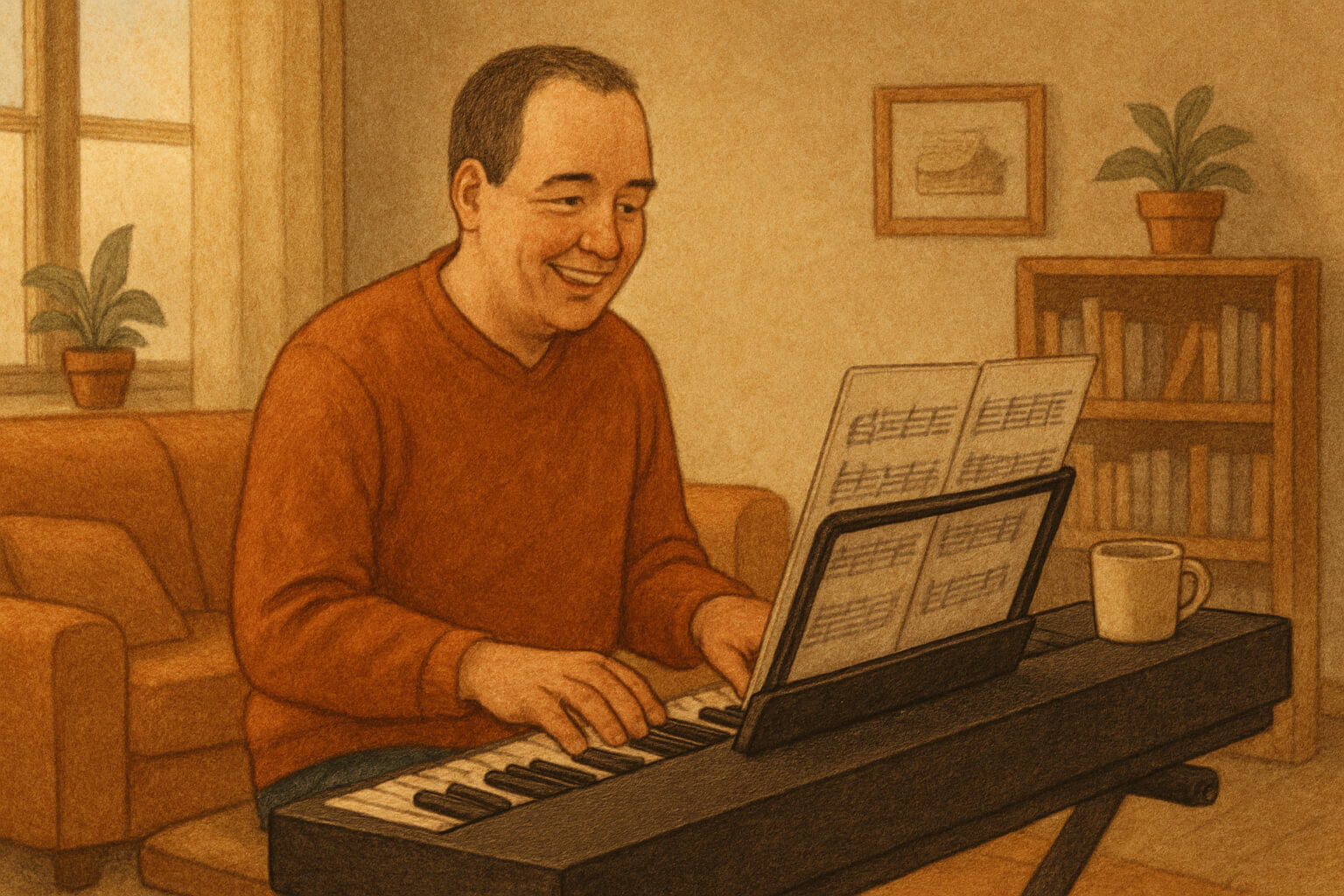 Adult beginner learning piano at home with sheet music and warm lighting.