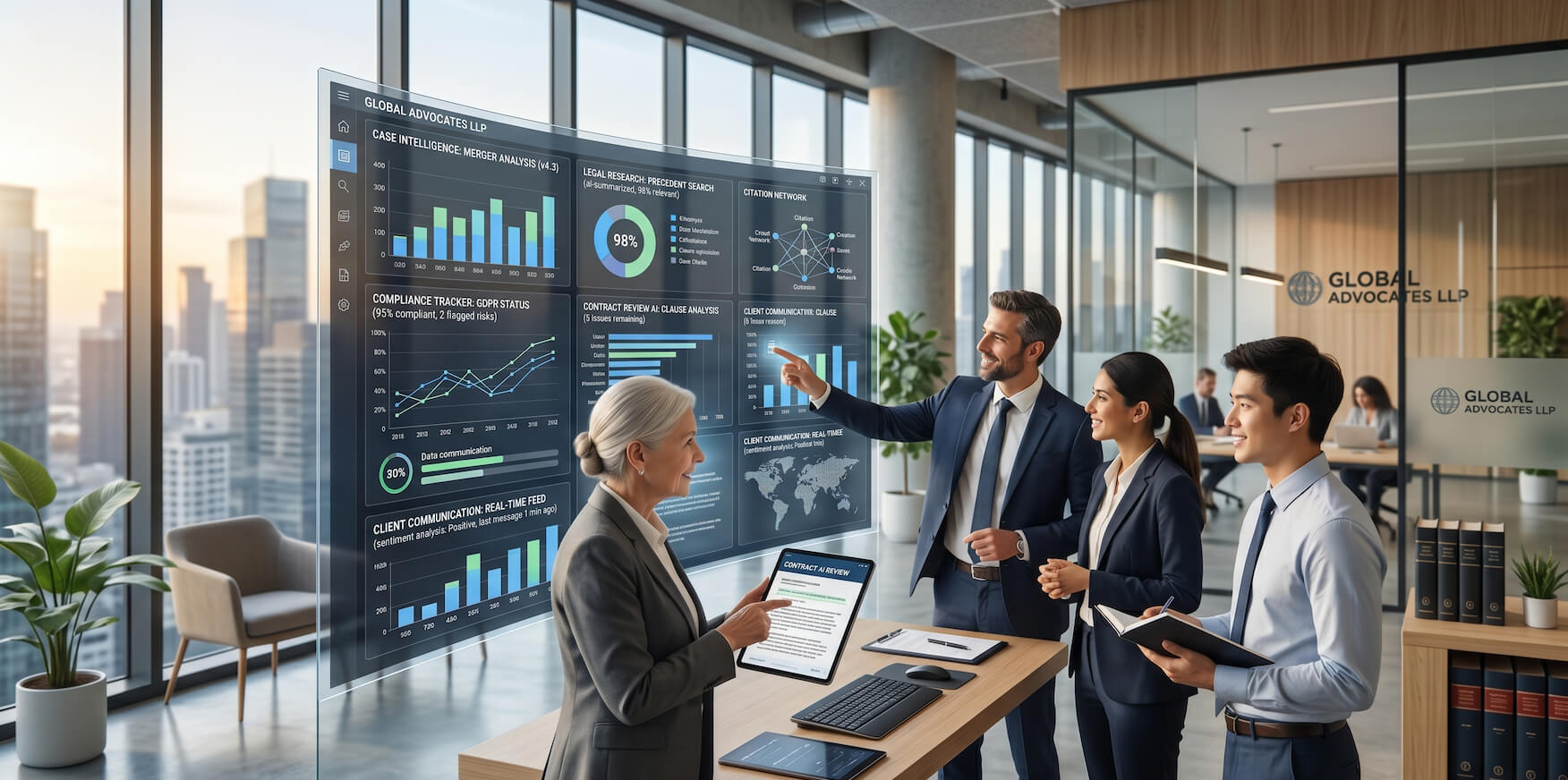 Legal professionals using AI tools for research, compliance, document review, and client communication in a modern law firm