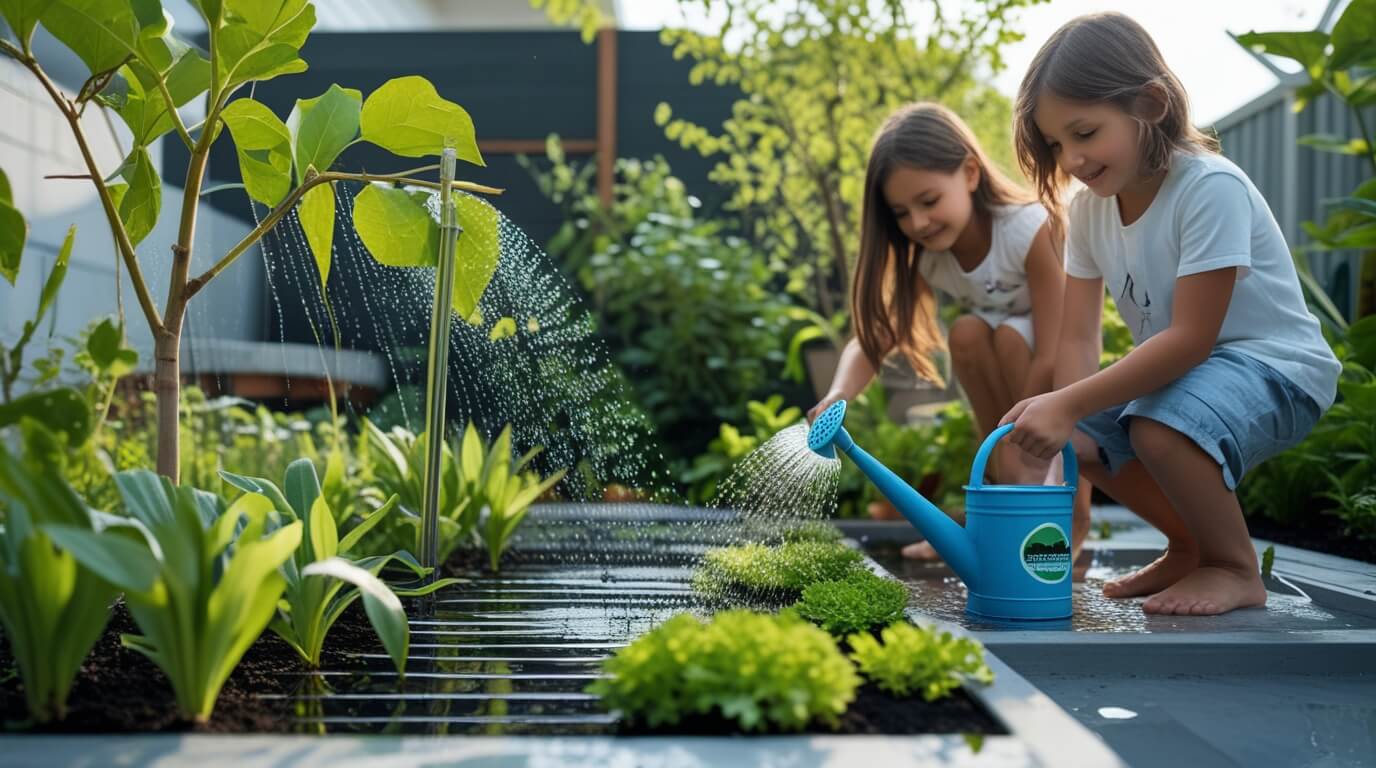 Eco-friendly garden with water-saving techniques like rainwater collection and drip irrigation.