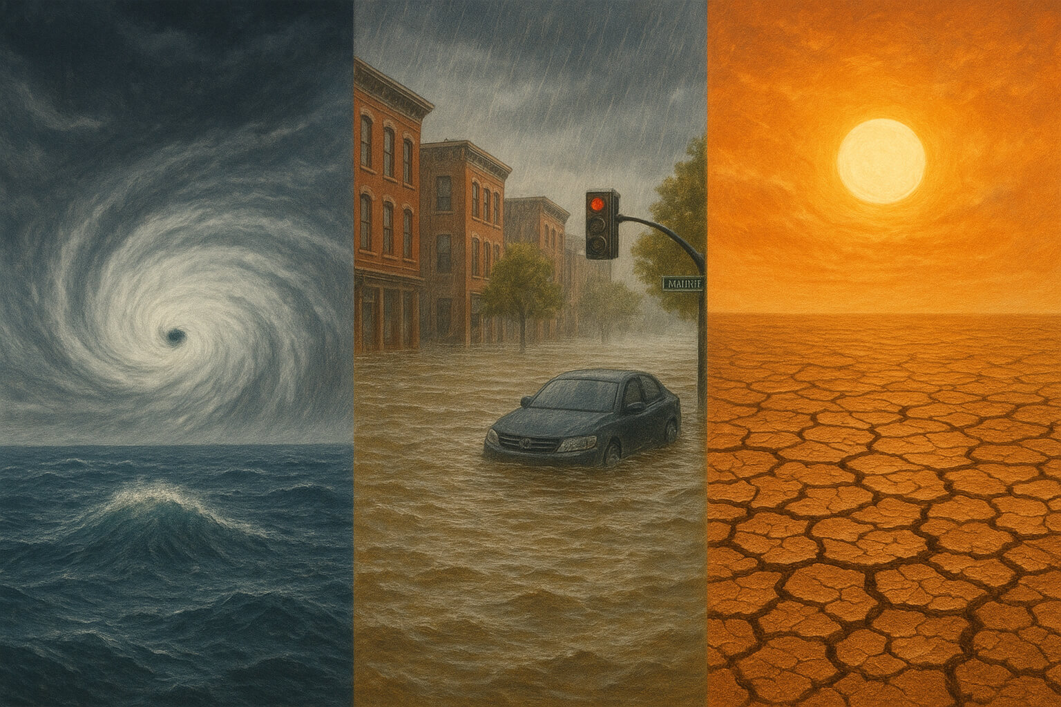 Illustration of extreme weather events including hurricanes, floods, and heatwaves, linked to climate change.