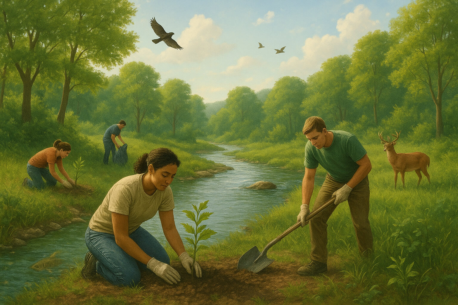 Illustration of a thriving restored ecosystem with forests, rivers, wildlife, and community members planting trees together.