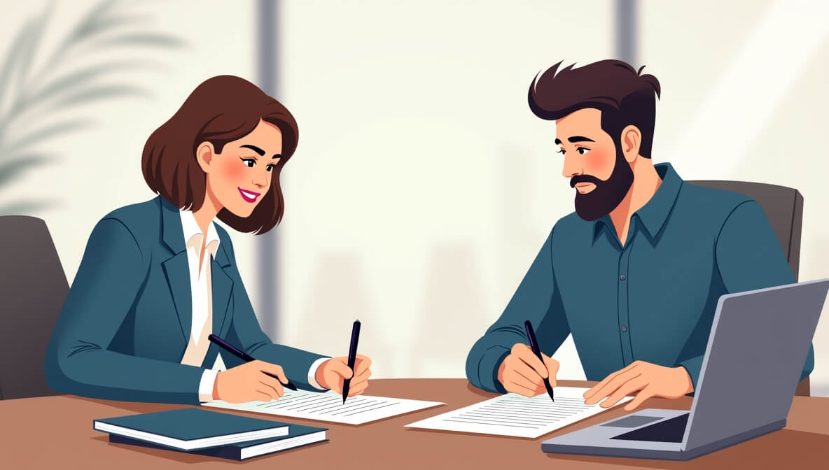 Business partners signing an LLC Operating Agreement document with legal papers and a laptop on the desk.