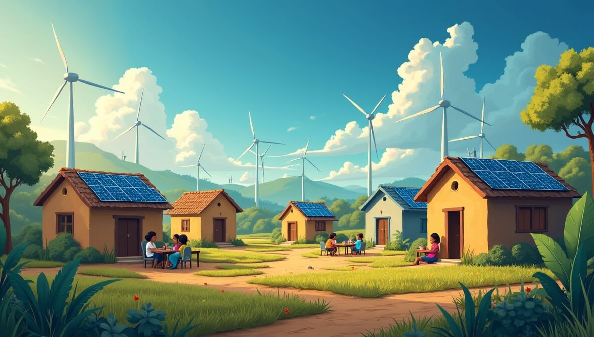 A rural village powered by solar panels and wind turbines, with children studying under electric light and families benefiting from clean energy access.