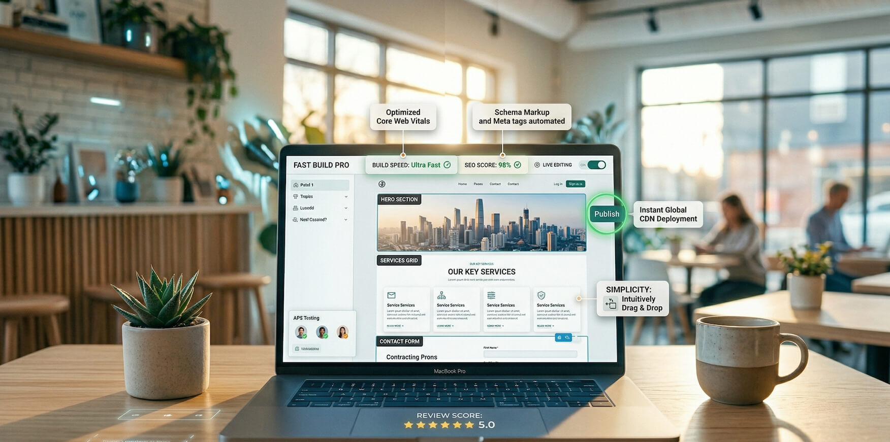 Professional review of a no-code website builder showing fast editing interface and clean design