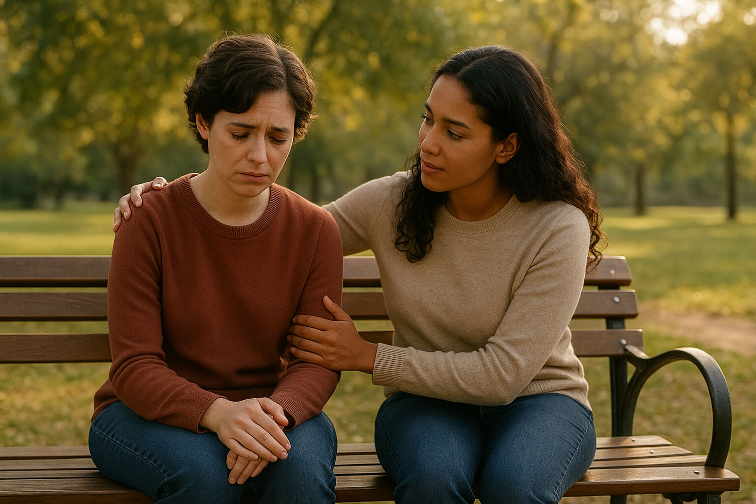 Person receiving emotional support from a friend while coping with grief and loss in a peaceful outdoor setting.