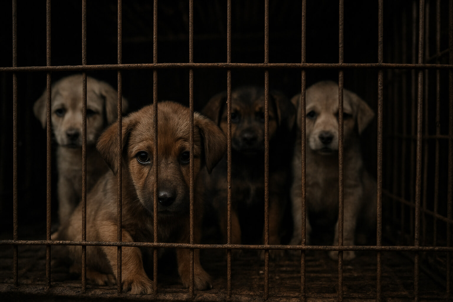 Sad puppies confined in cramped cages inside a puppy mill facility, highlighting animal cruelty and neglect.
