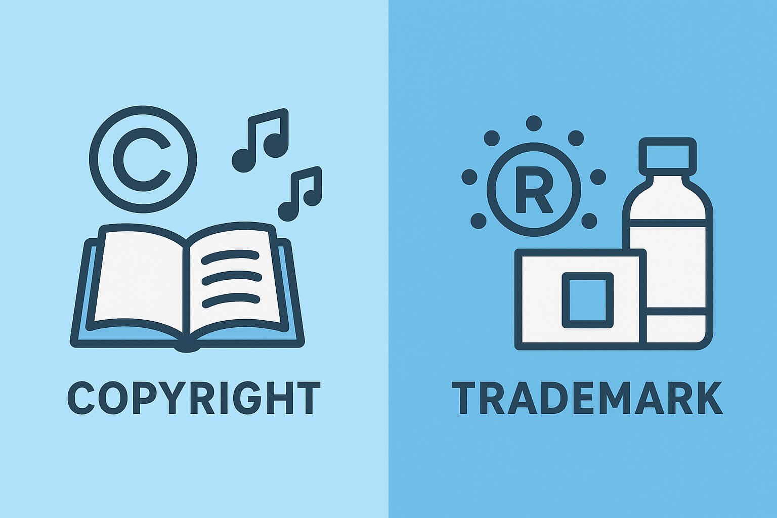 Side-by-side icons representing copyright for creative works and trademark for brand logos.