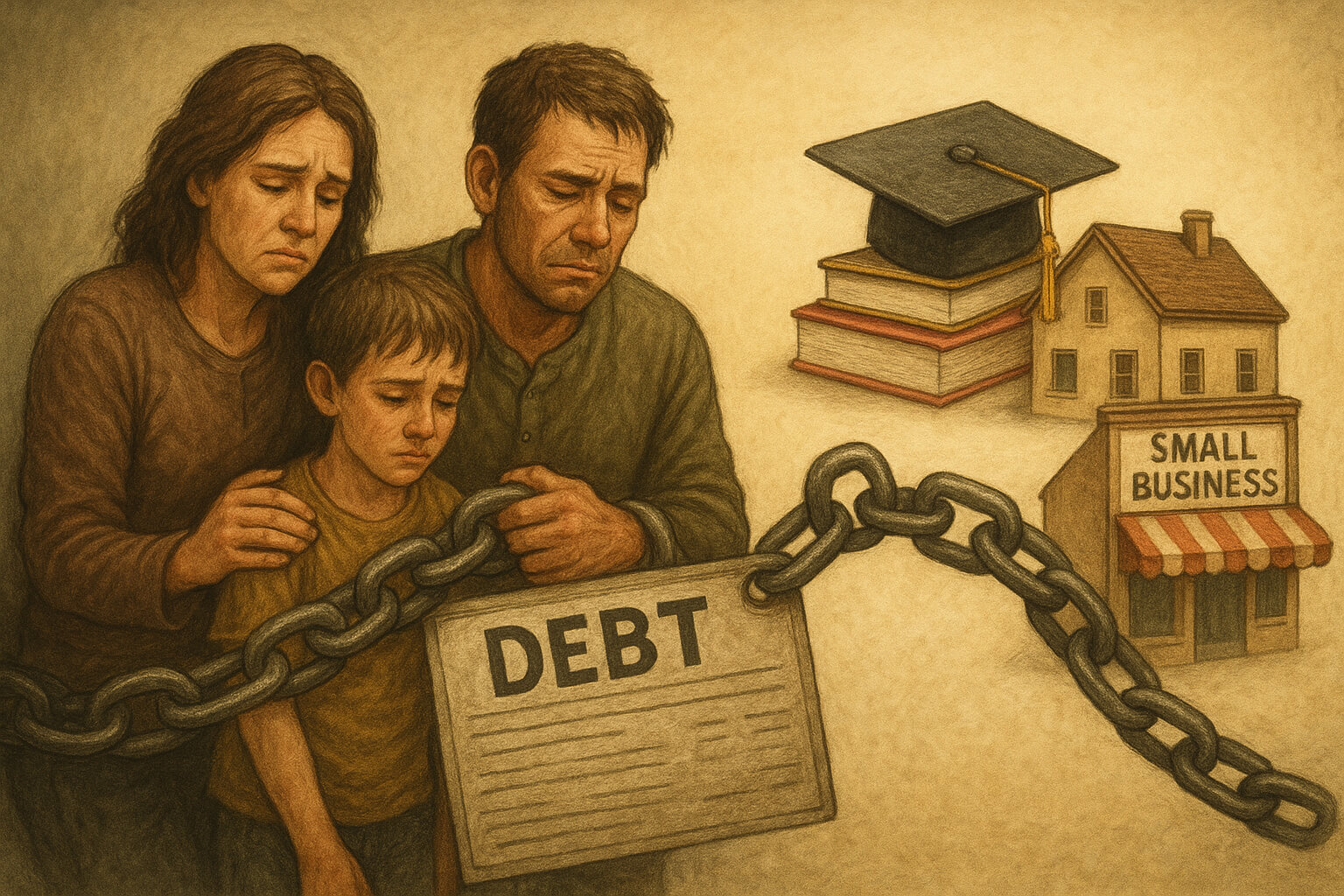 Illustration of a family burdened by debt with symbolic chains and bills, contrasted with education, housing, and business opportunities breaking the cycle.
