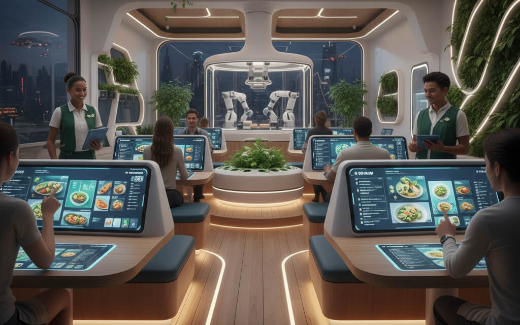 Modern restaurant with digital menus, sustainable interiors, and staff engaging customers in a tech-driven dining environment.