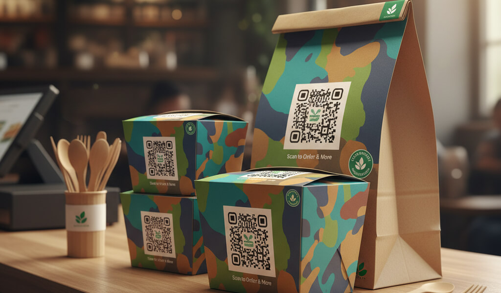 Branded eco-friendly takeout boxes and bags with QR codes linking to the restaurant website, showcasing modern packaging design.