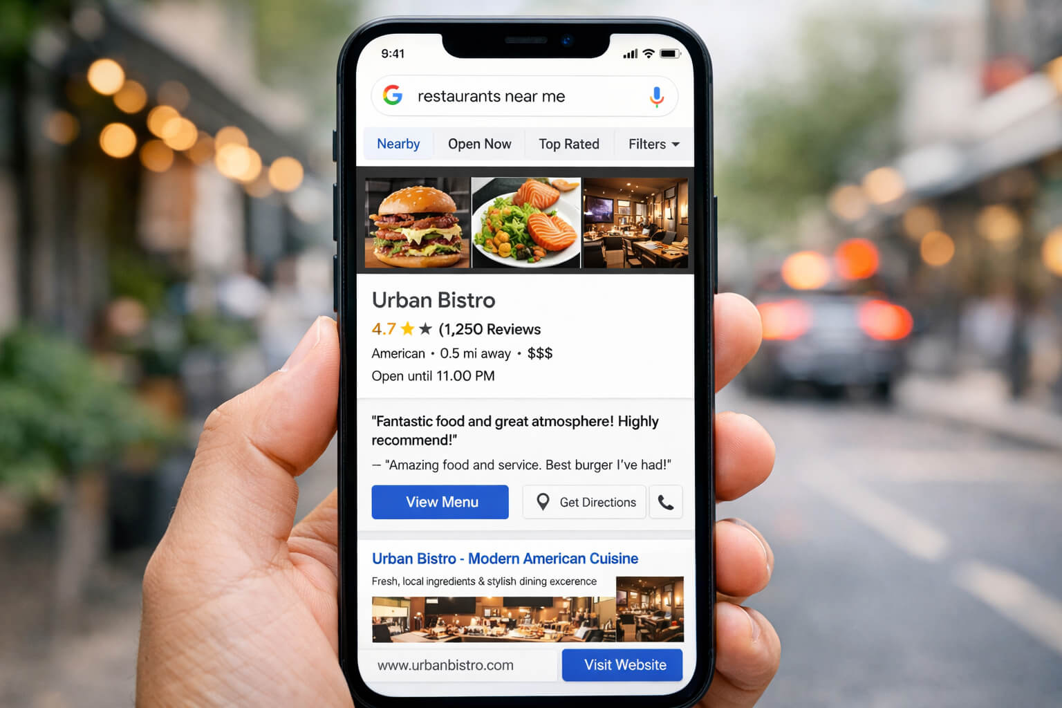 Google search results showing restaurants, highlighting the one with a strong website, reviews, and visuals getting the click.