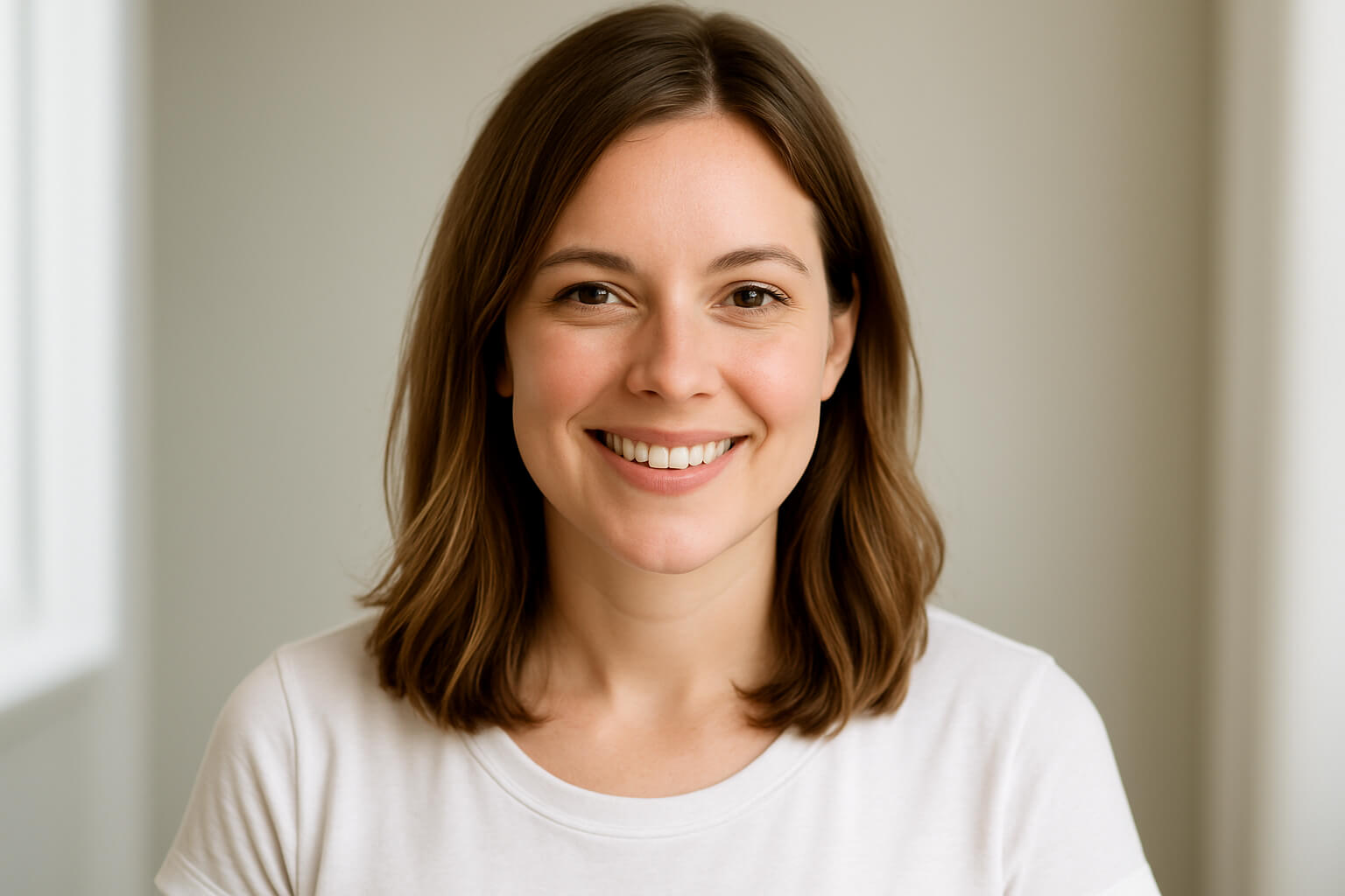 Home headshot setup using window light and a plain backdrop.