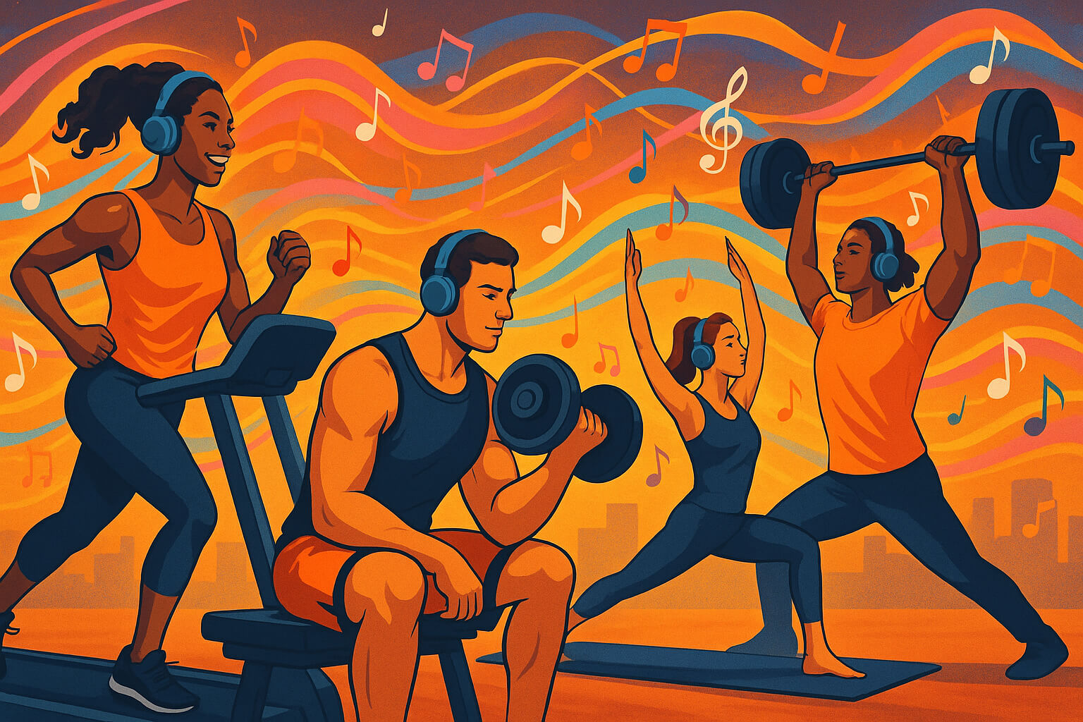 People working out with headphones, surrounded by vibrant soundwaves and musical notes, symbolizing the energy of music during exercise.