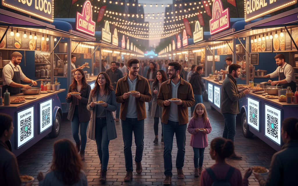 Colorful street food market in a major city with food trucks, happy diners, and digital QR menus enhancing the modern street food experience.
