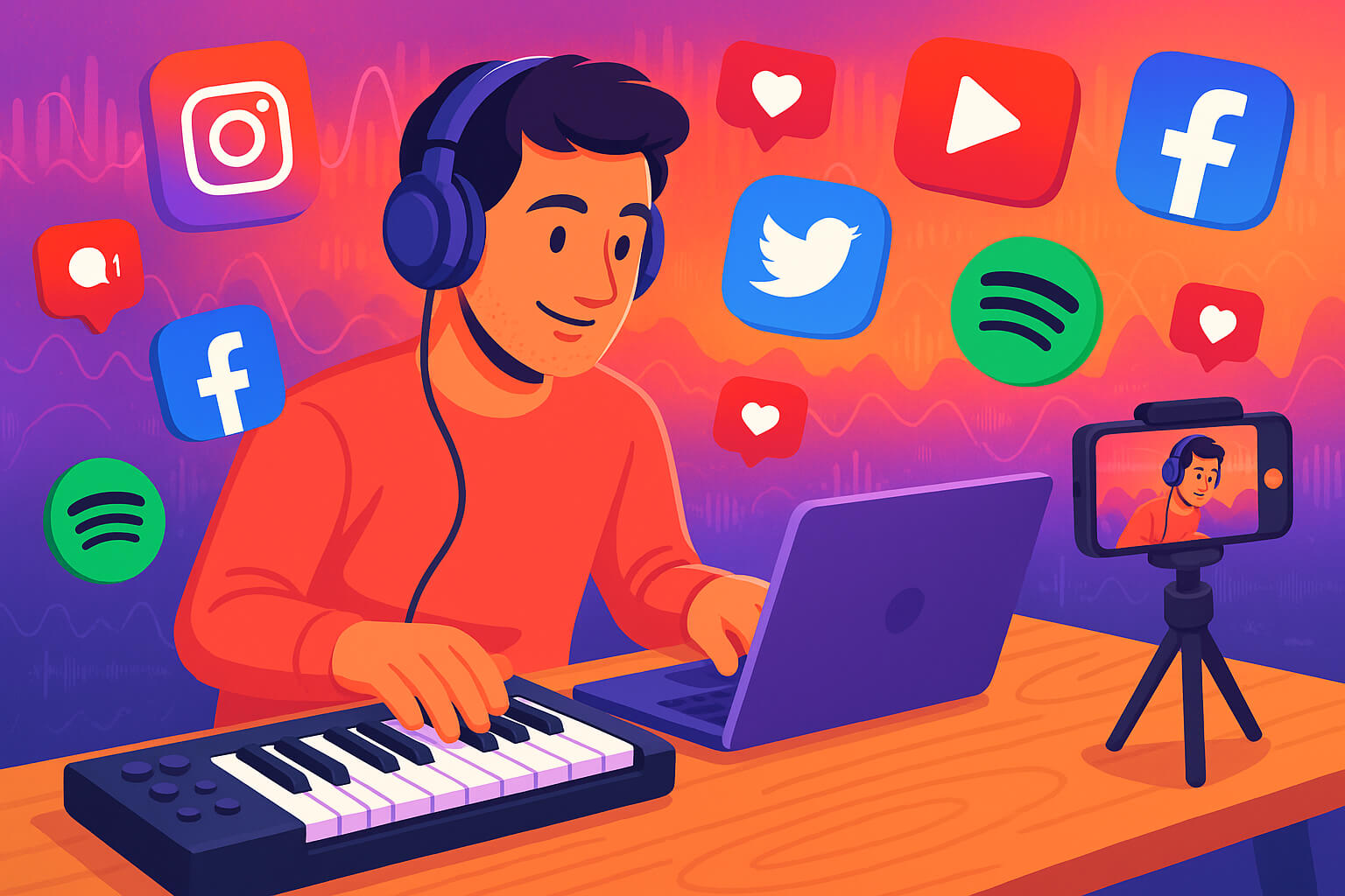 Musician promoting music on social media platforms like Instagram, TikTok, YouTube, Facebook, Twitter, and Spotify with digital icons and waveforms