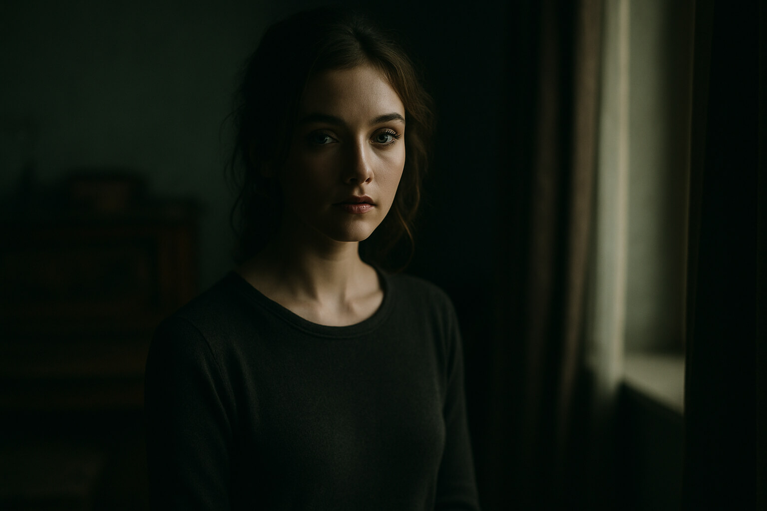 Cinematic moody portrait of a woman lit by soft window light with deep shadows and a desaturated background for a dramatic, film-like effect.
