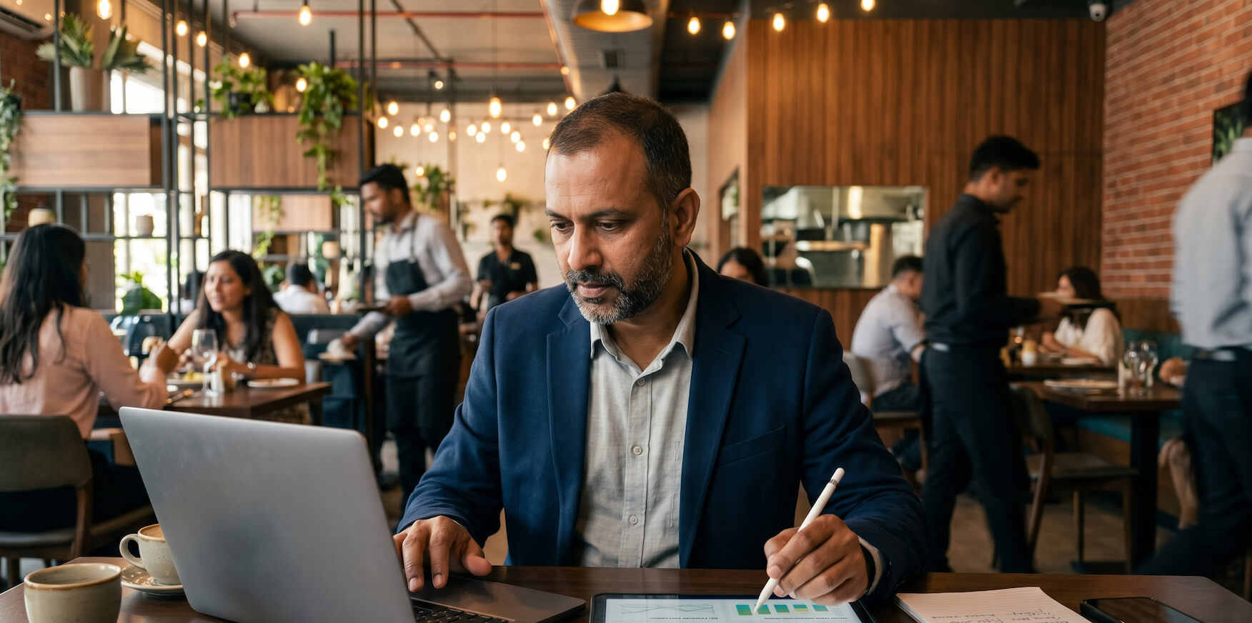 Restaurant owner using AI tools to manage operations and improve business