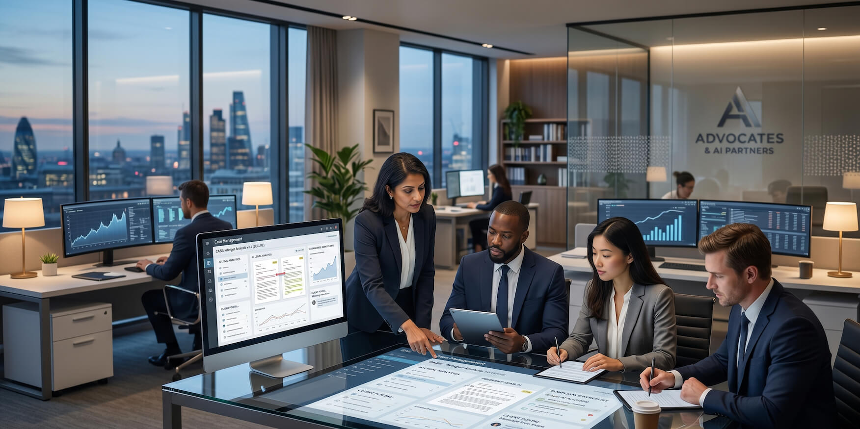 Lawyers in a modern law firm using AI dashboards, legal research tools, and digital workflow systems in 2026