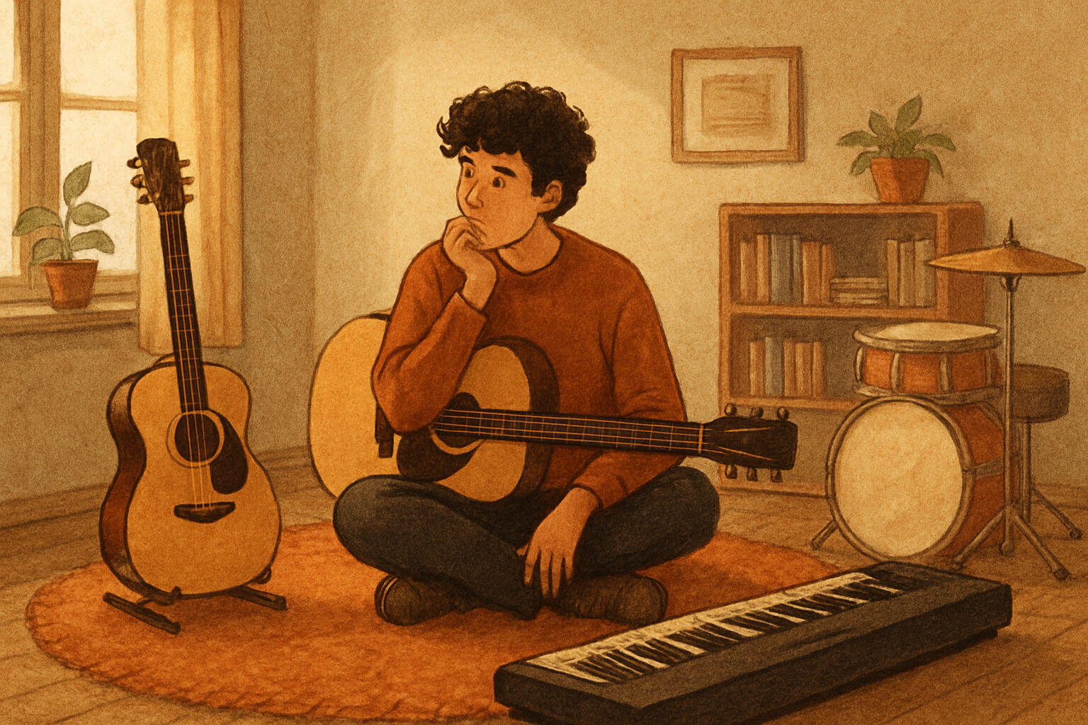 Musician choosing between multiple instruments in a home studio setting.