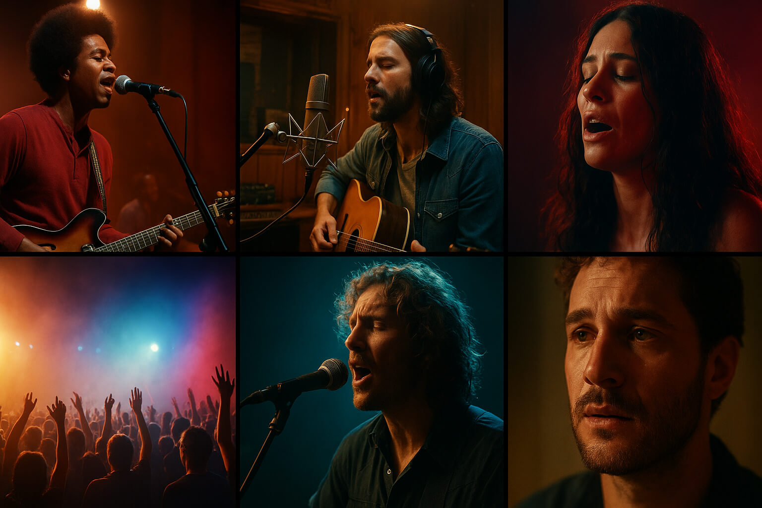 Collage of musicians and scenes from the year’s best music documentaries, including live performances and intimate studio moments.