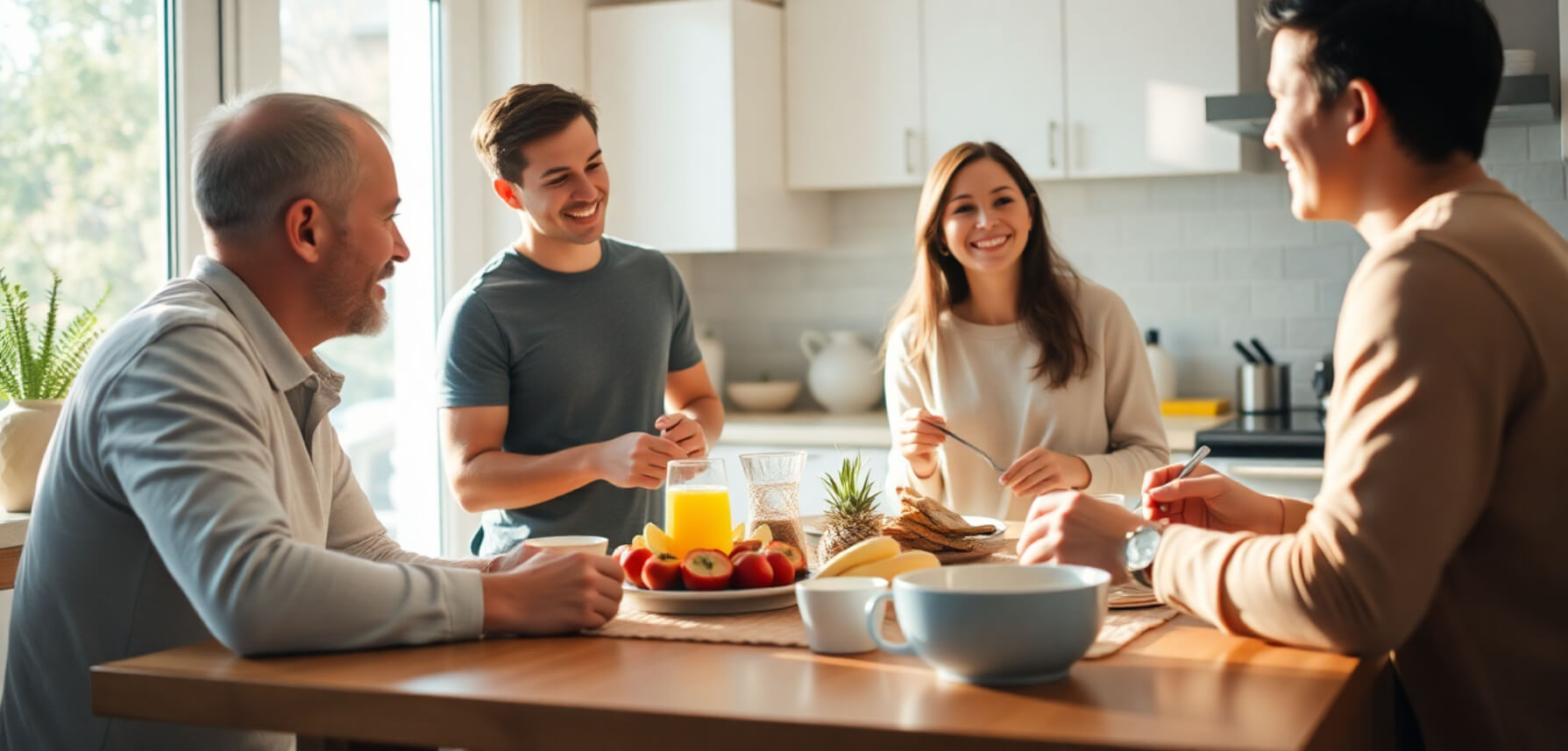 Family enjoying breakfast in a bright kitchen, captured in natural light with candid smiles 