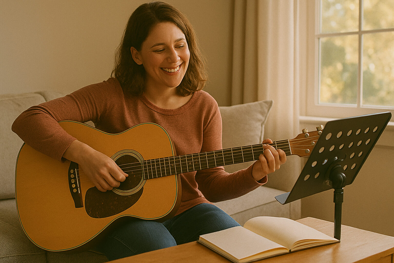 Adult beginner playing guitar at home with music notes on a stand.