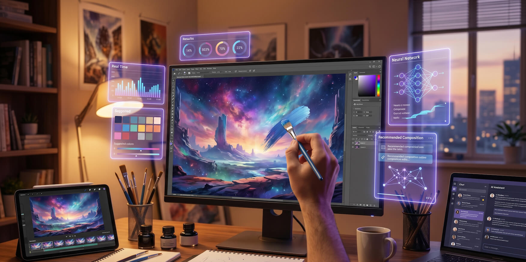 An artist and AI collaborating together on creative work in a modern studio in 2026