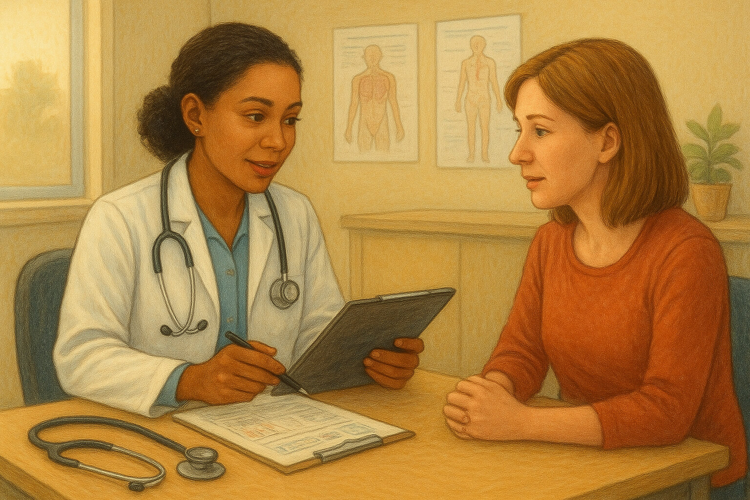 Doctor discussing health screening results with a patient in a clinic, symbolizing preventive healthcare and early detection.