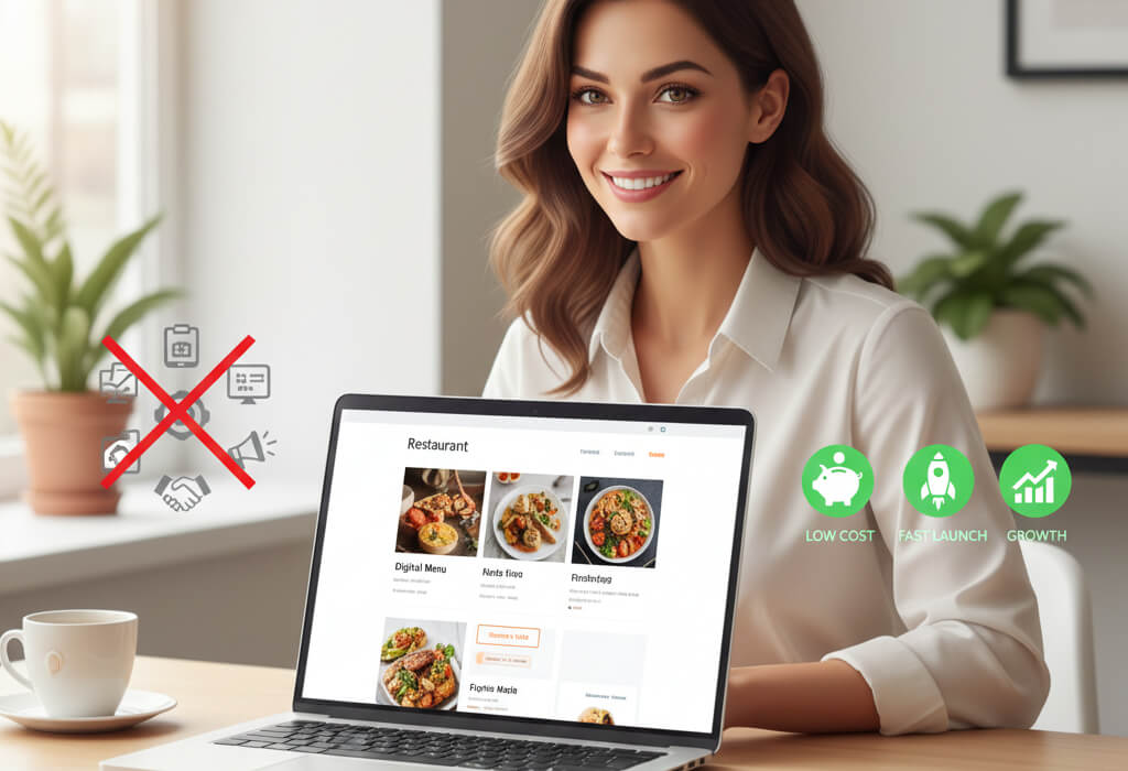 Restaurant owner viewing an affordable, easy-to-build restaurant website on a laptop with simple menu and reservation features.