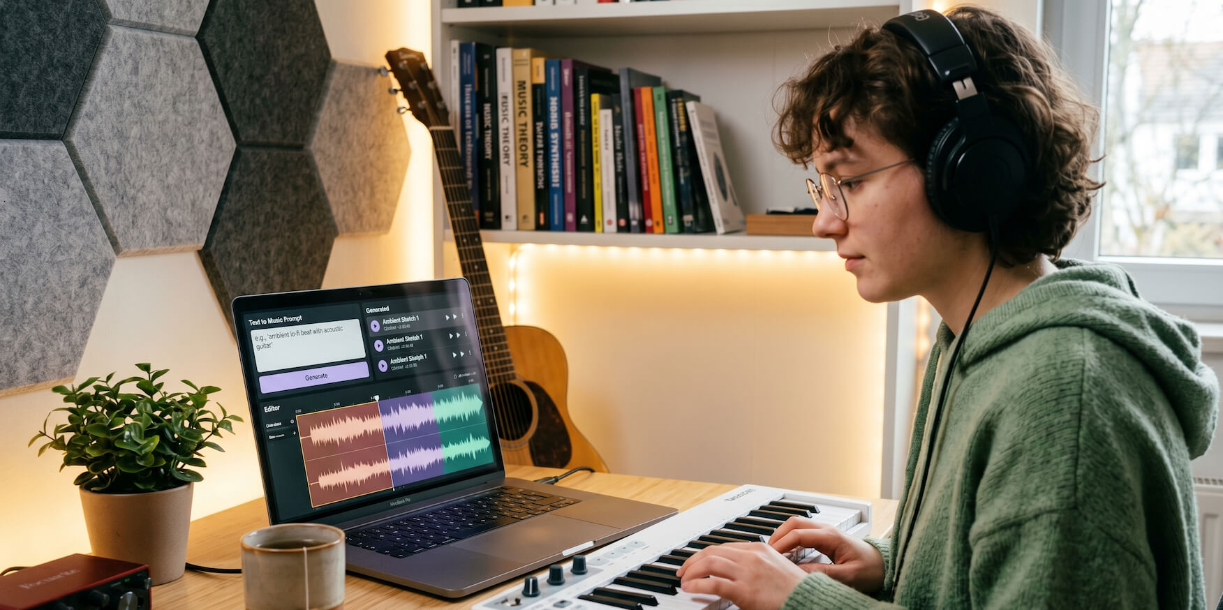 Beginner musician creating music using AI tools on a laptop