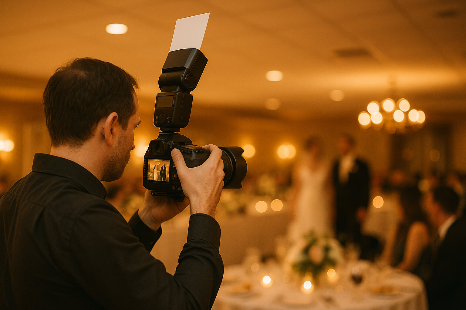 Photographer using a flash setup indoors at a wedding, with light bouncing off the ceiling.
